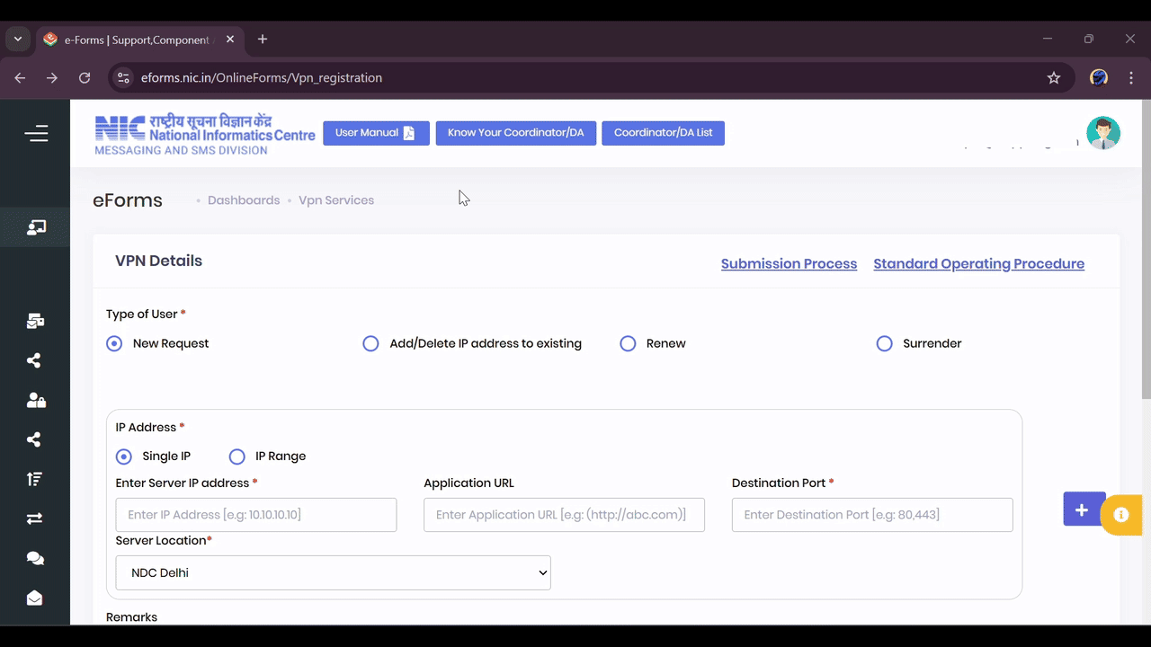 Screenshot of the VPN Details form with Type of User and 'Add to existing' option selected.
